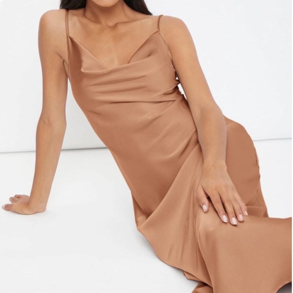 Spaghetti Strap Slip Satin Silk Midi Dress Cowl Neck in Rose, L